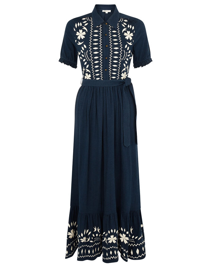 Heritage Embroidered Maxi Shirt Dress Blue