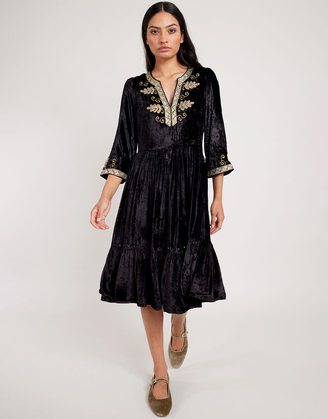 East Daniella Embroidered Velvet Dress, Black (BLACK), large