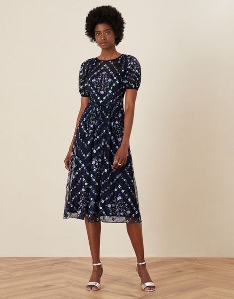 Hele Floral Embroidered Midi Dress Blue, Blue (NAVY), large