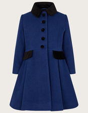 Velvet Trim Skirted Military Coat, Blue (BLUE), large