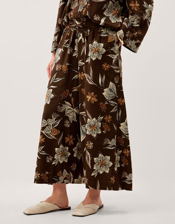 Esther Floral Linen Blend Wide Leg Trousers, Brown (CHOCOLATE), large