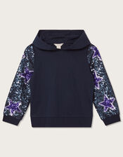 Sequin Sleeve Hoodie, Blue (NAVY), large