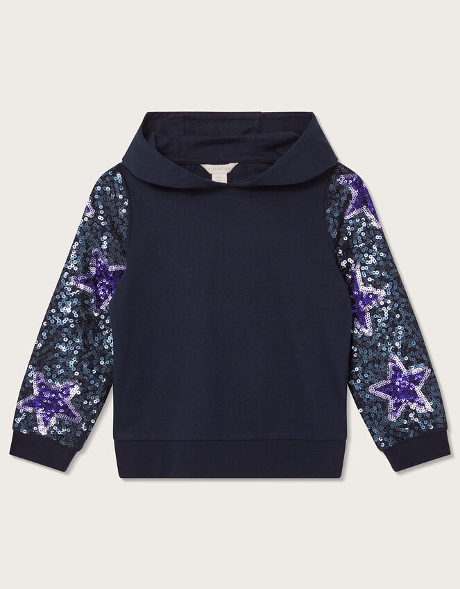 Sequin Sleeve Hoodie, Blue (NAVY), large