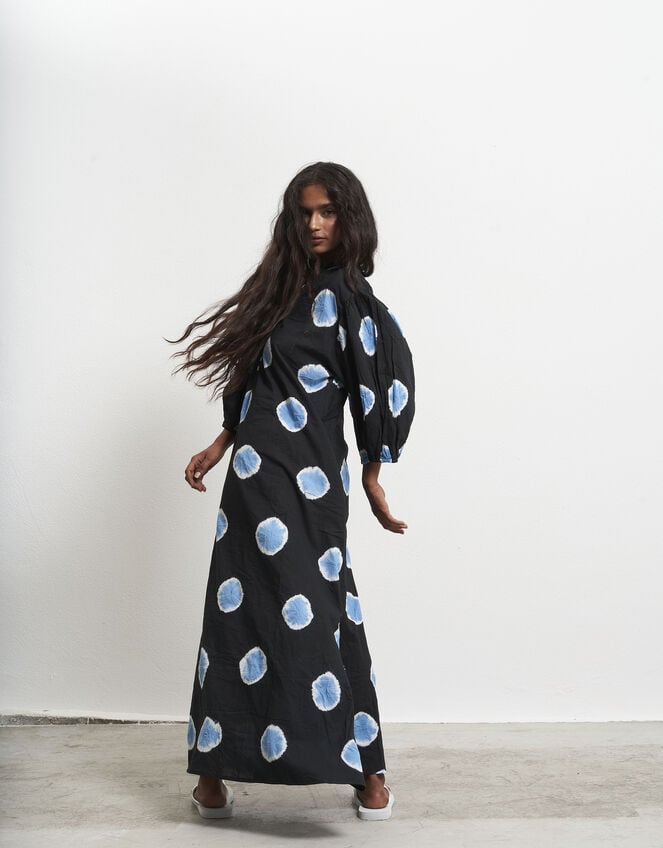 Par & Escala Josefa Puff Sleeve Print Maxi Dress, Black (BLACK), large