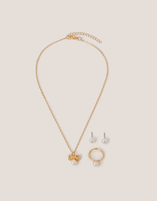 Pearl Bow Pendant Jewellery Set, Gold (GOLD), large