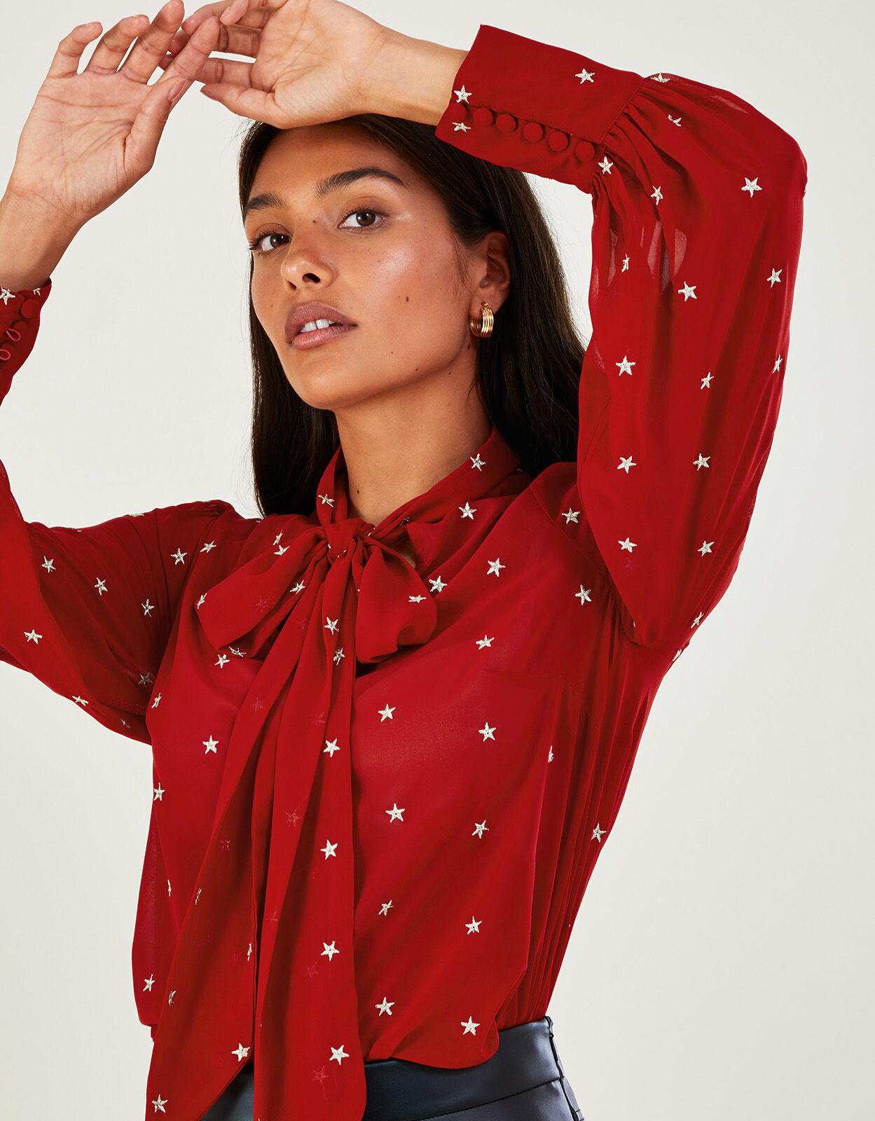 Kate Star Pussybow Blouse in Recycled Polyester Red Tops T