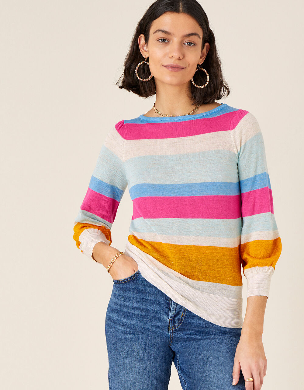 Stripe Jumper in Linen Blend Orange Jumpers Monsoon UK.