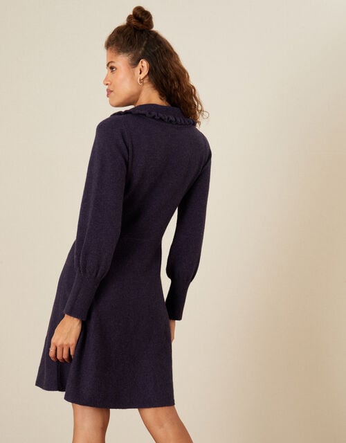 Embroidered Collar Fit and Flare Knit Dress, Purple (PURPLE), large