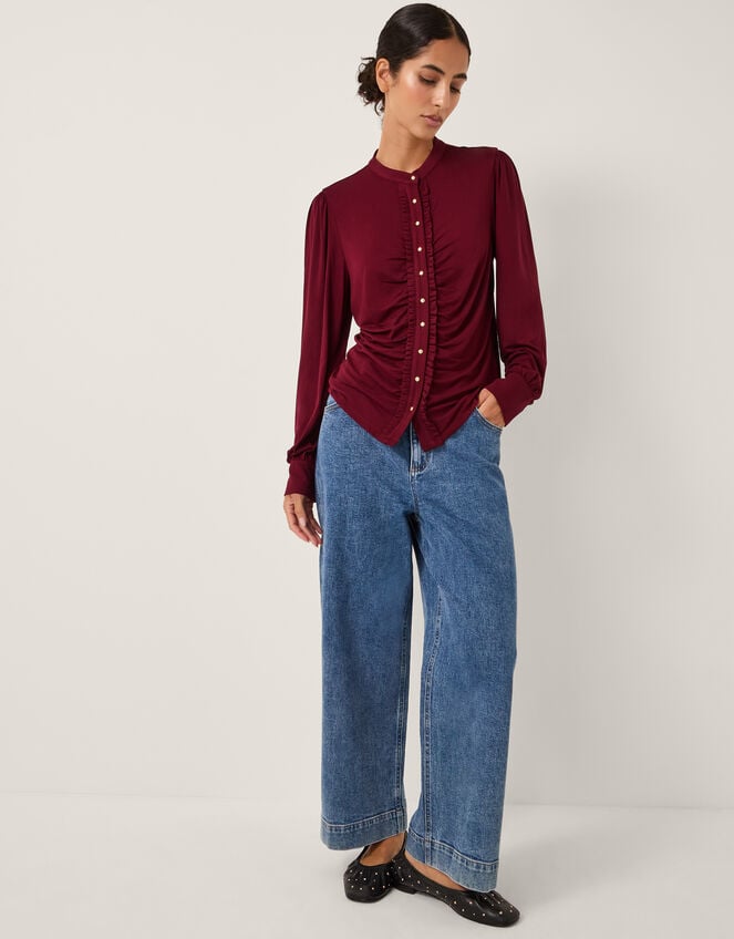 Jayne Ruched Frill Jersey Blouse, Red (BURGUNDY), large