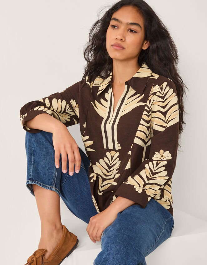 Pamela Linen Blend Leaf Print Top Brown