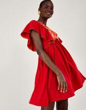Embroidered Ruffle Sleeve Jersey Dress, Red (RED), large