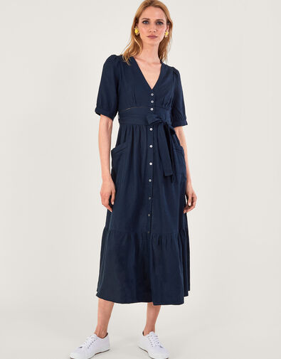Cutwork Detail Tiered Dress in Linen Blend, Blue (NAVY), large