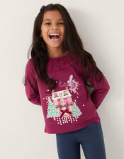 Christmas House Embellished Long Sleeve Top, Red (BURGUNDY), large