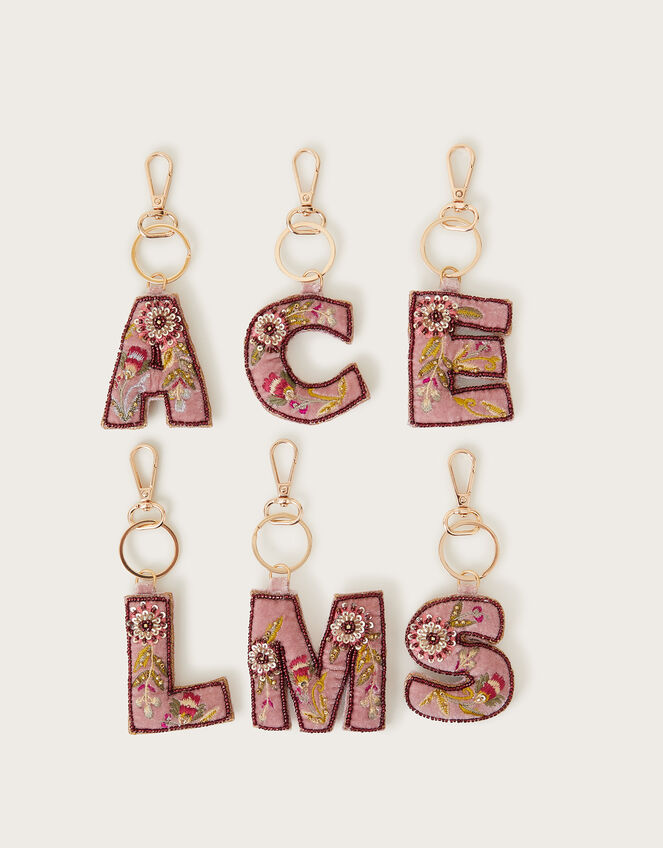 Embellished Floral Initial Keyring, Pink (PINK), large