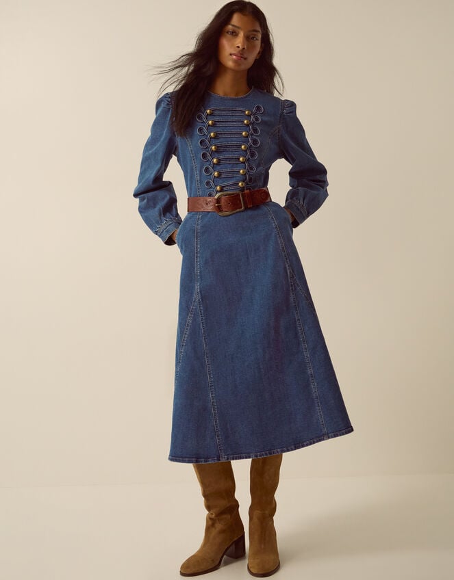 Military Denim Midi Dress , Blue (MID AUTHENTIC BLUE), large