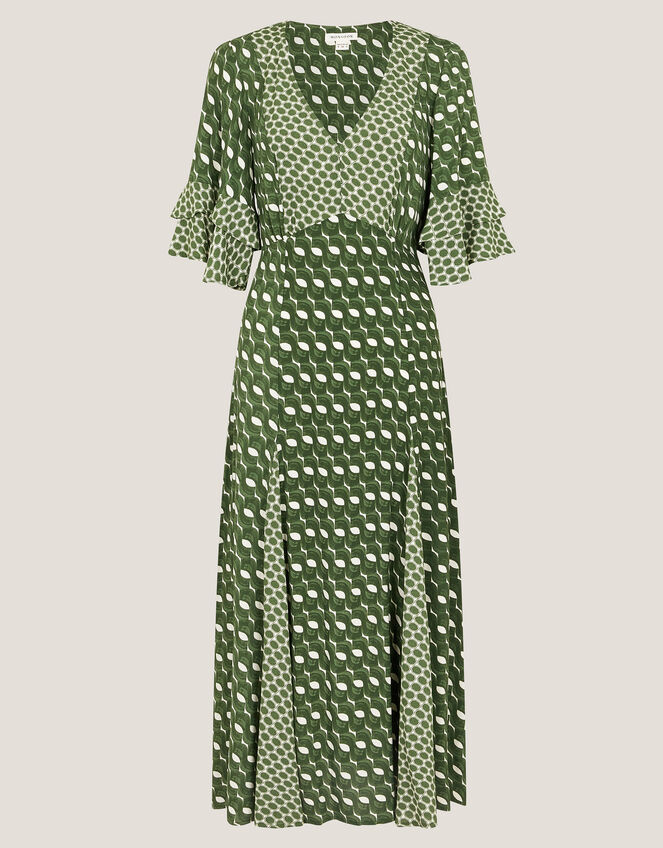 Maren Geometric Print Midi Tea Dress, Green (KHAKI), large