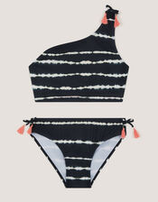 Tie-Dye One Shoulder Bikini Set, Black (BLACK), large