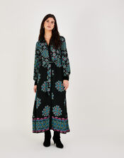 Suri Velvet Trim Maxi Shirt Dress in Sustainable Viscose, Black (BLACK), large