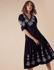 Enya Embroidered Jersey-Mix Dress, Black (BLACK), large