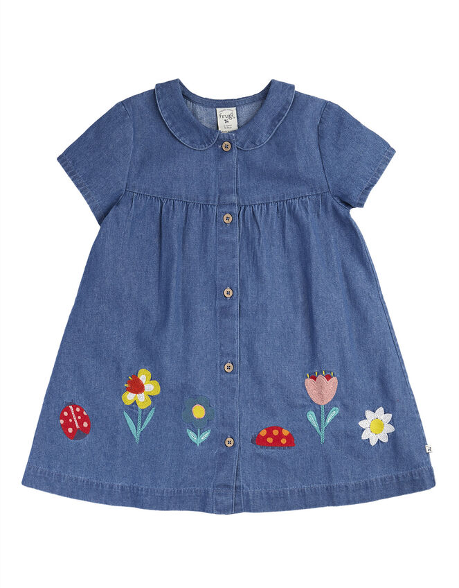 Frugi Rosemary Embroidered Denim Dress, Blue (BLUE), large