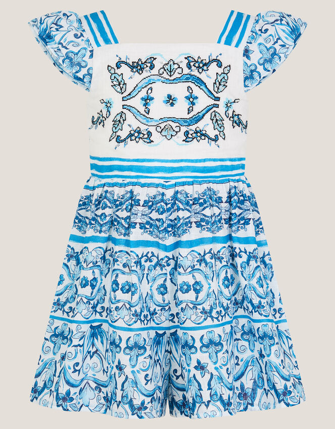 Calista Floral Print Frilly Playsuit, Blue (BLUE), large