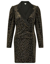 Nieve Leopard Nailhead Blazer Dress, Black (BLACK), large