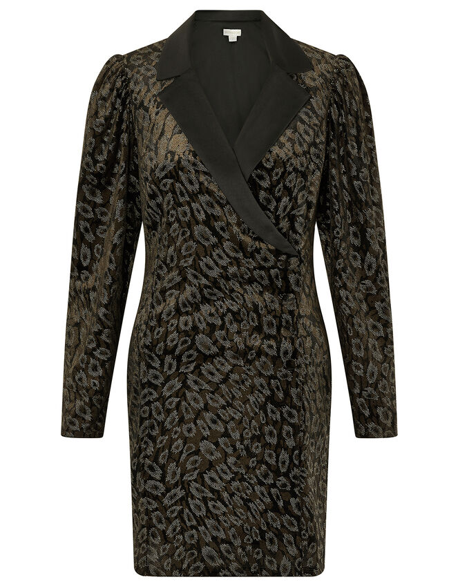 Nieve Leopard Nailhead Blazer Dress, Black (BLACK), large