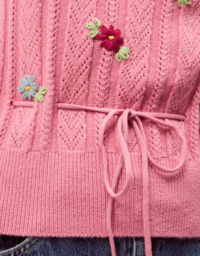 Edie Floral Embroidered Short Sleeve Jumper, Pink (PINK), large