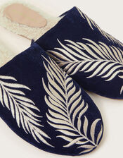 Clover Feather Embroidered Slippers, Blue (NAVY), large