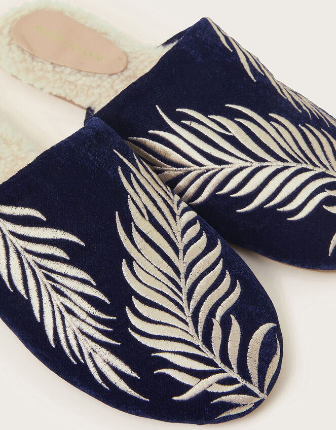Clover Feather Embroidered Slippers, Blue (NAVY), large