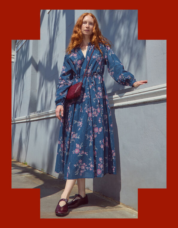 East Layla Floral Long Sleeve Midi Dress, Blue (BLUE), large