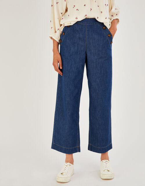 Denim Pull On Crop Flared Jeans in Organic Cotton, Blue (DENIM BLUE), large