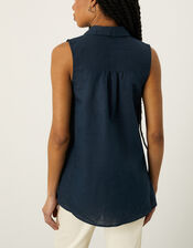 Sleeveless Longline Tunic Shirt in Linen Blend, Blue (NAVY), large
