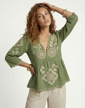 Raffya Aubrey Embroidered Tunic Blouse, Green (GREEN), large