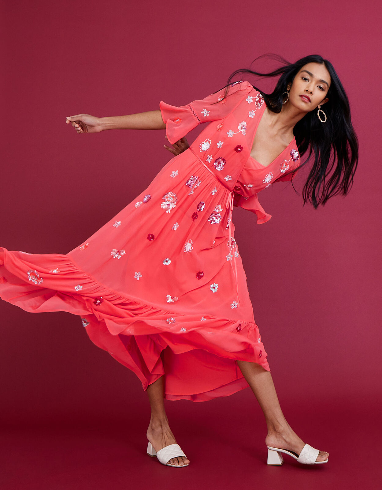Aimee Embellished Wrap Dress in Recycled Polyester Orange