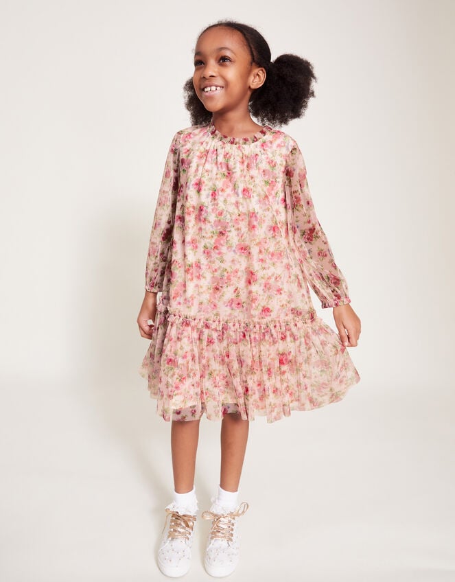 Long Sleeve Floral Frill Dress, Ivory (IVORY), large