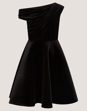 One-Shoulder Velvet Skater Dress, Black (BLACK), large