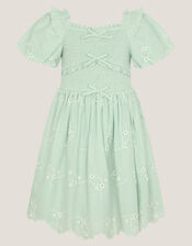Embroidered Puff Sleeve Smocked Dress, Green (GREEN), large