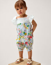 Baby Broderie Floral Stripe Romper, Blue (BLUE), large