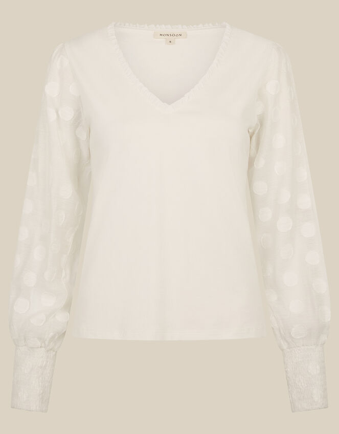 Ferne V-Neck Polka Dot Top, Ivory (IVORY), large