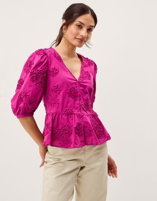 Tammy Puff Sleeve Embroidered Top Pink