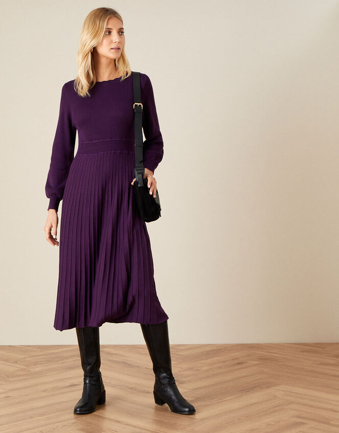 Slash Neck Scallop Dress , Purple (PURPLE), large