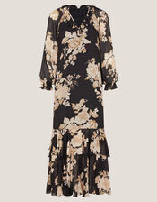 Rowena Floral Print Ruffle Maxi Dress, Black (BLACK), large