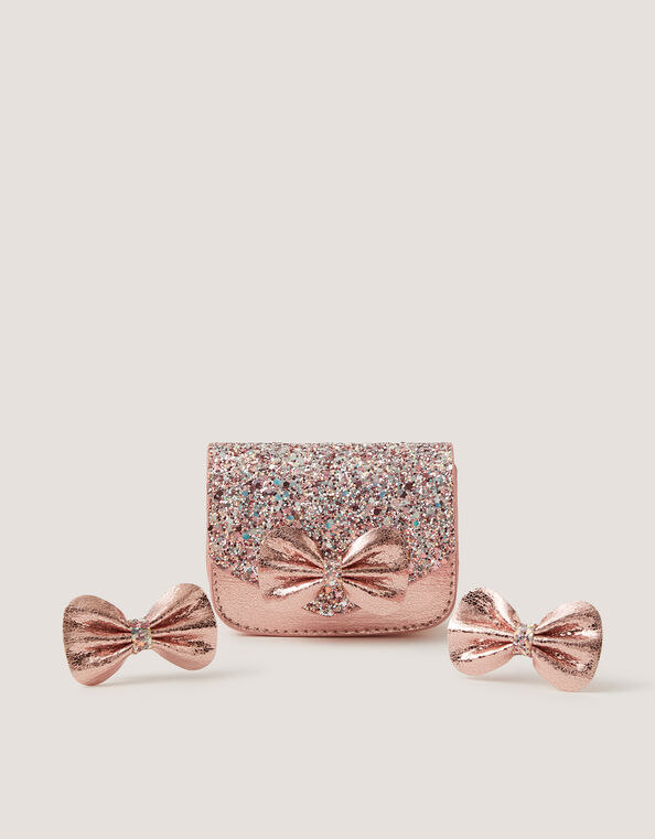 Glitter Bow Bag & Hair Clips Set, , large