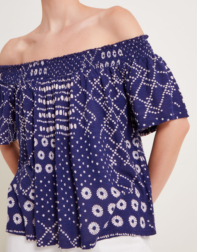 Cindy Print Bardot Top, Blue (BLUE), large