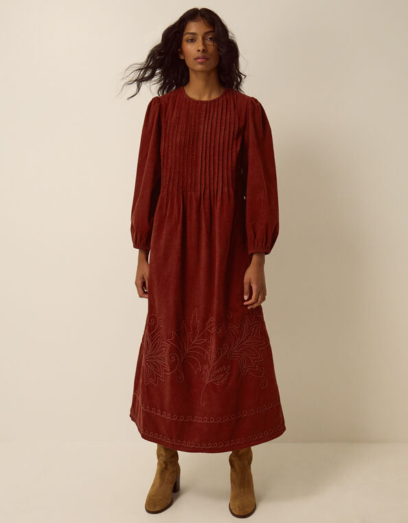 Joyce Embroidered Corduroy Midi Dress, Brown (COGNAC), large