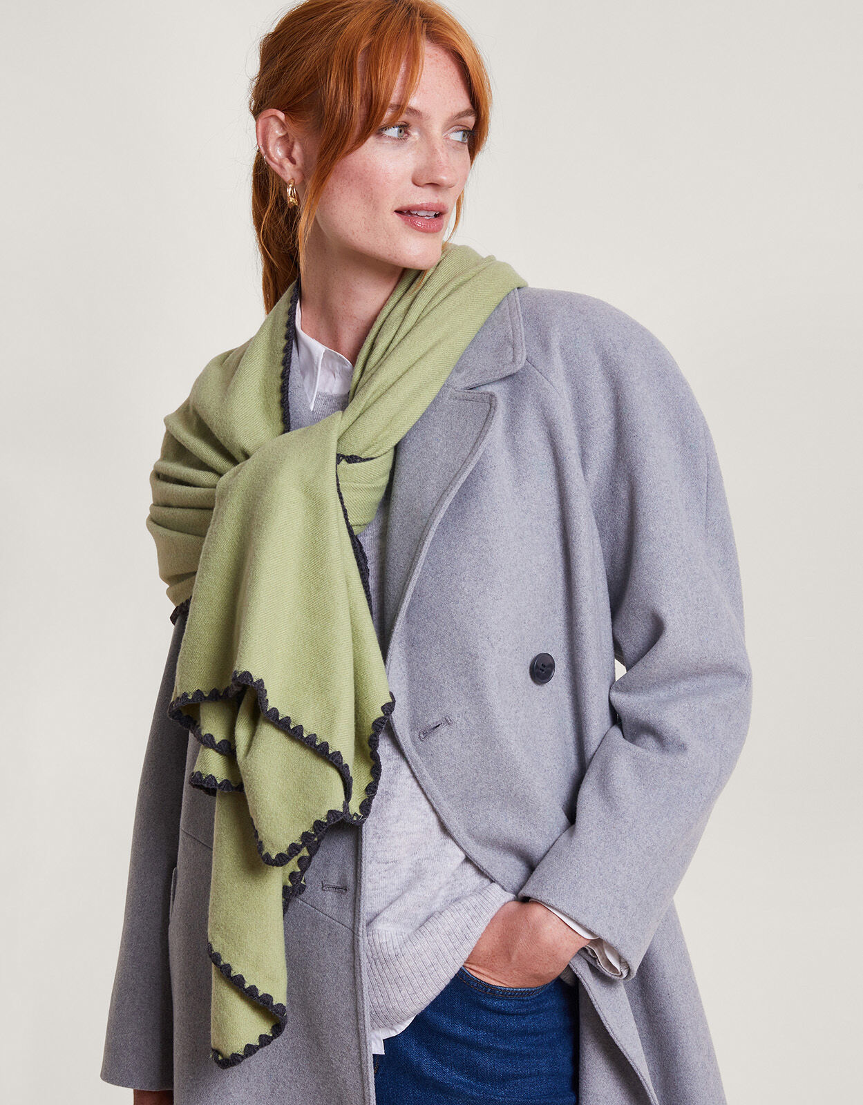 Embroidered Scallop Soft Touch Scarf Green Gifts Monsoon UK