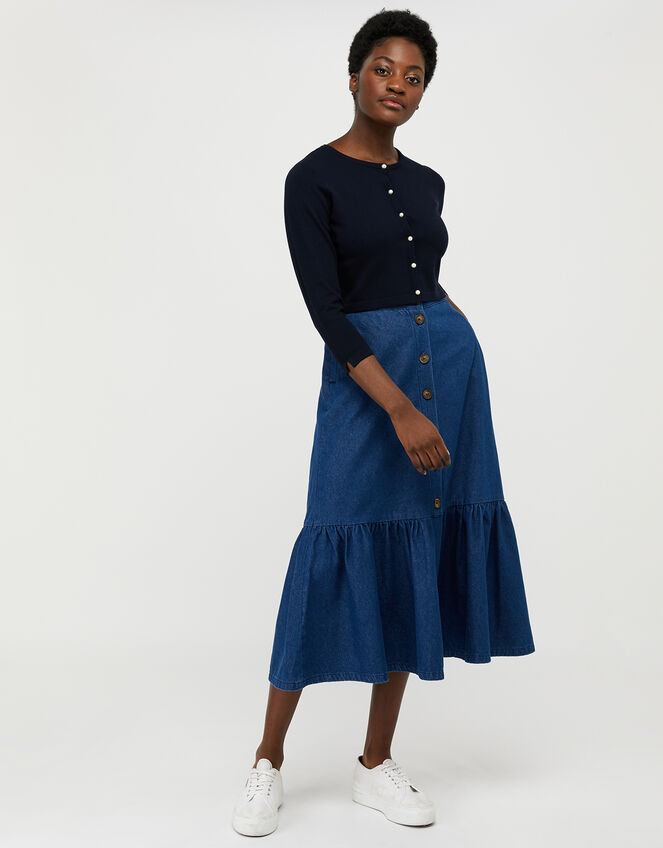 Mara Cropped Cardigan with Mock-Pearl Buttons, Blue (NAVY), large