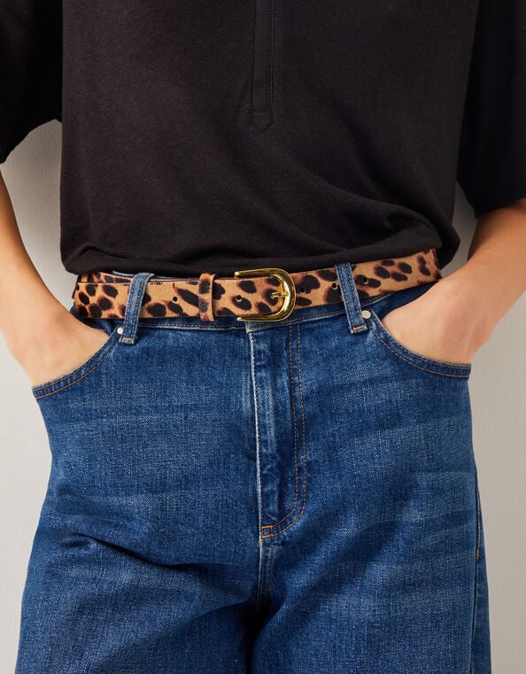 Leopard Print Leather Belt, Natural (NEUTRAL), large