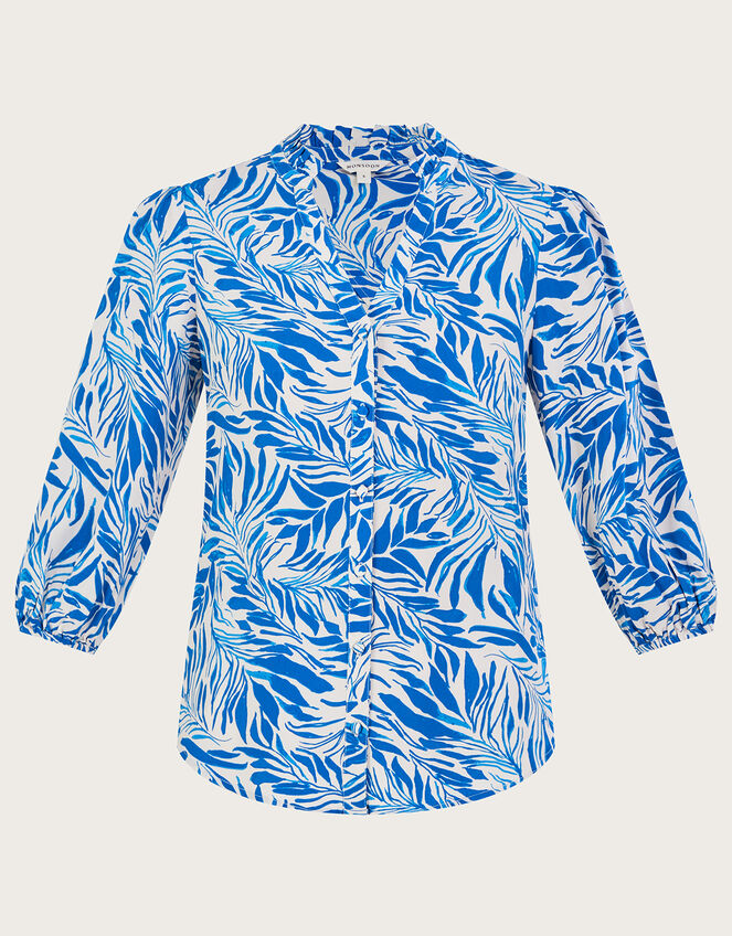 Florence Leaf Print Blouse in Sustainable Viscose, Blue (BLUE), large